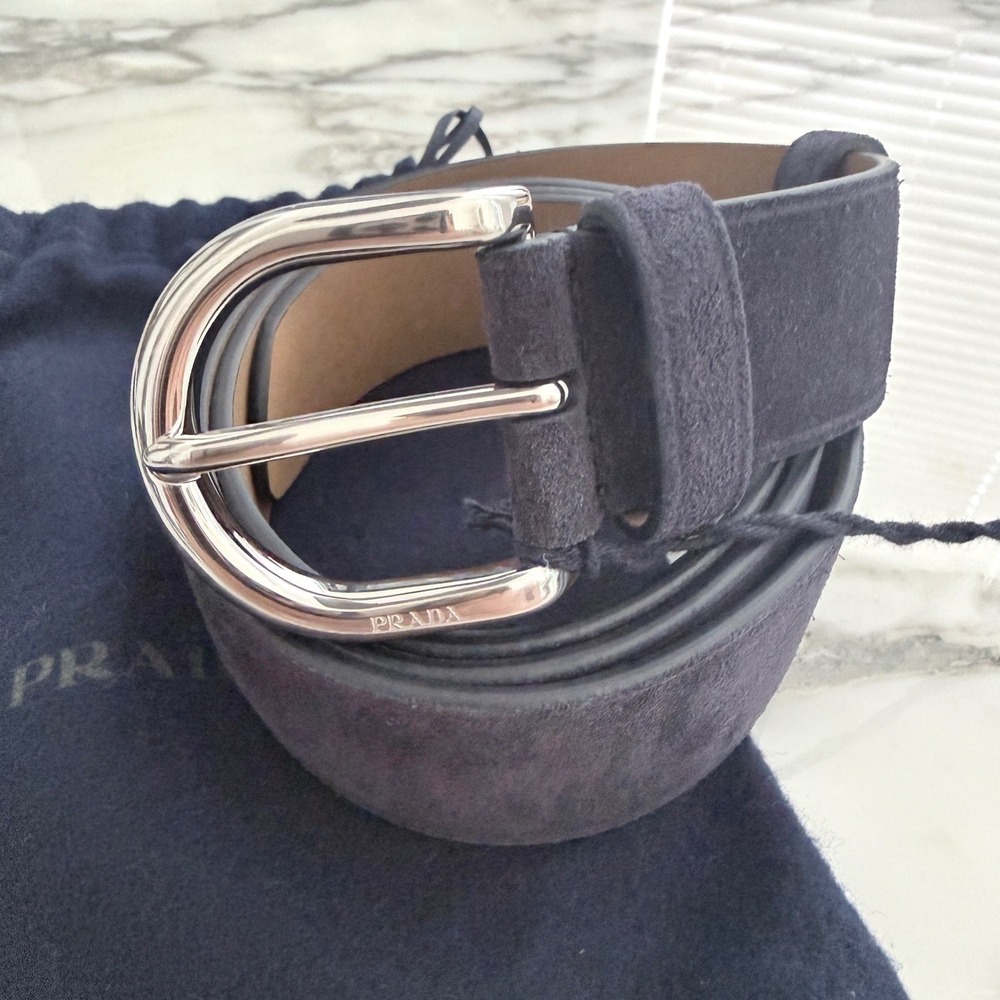 Prada 2CS129 Men's Blue Suede Leather Belt silver buckle, 100cm